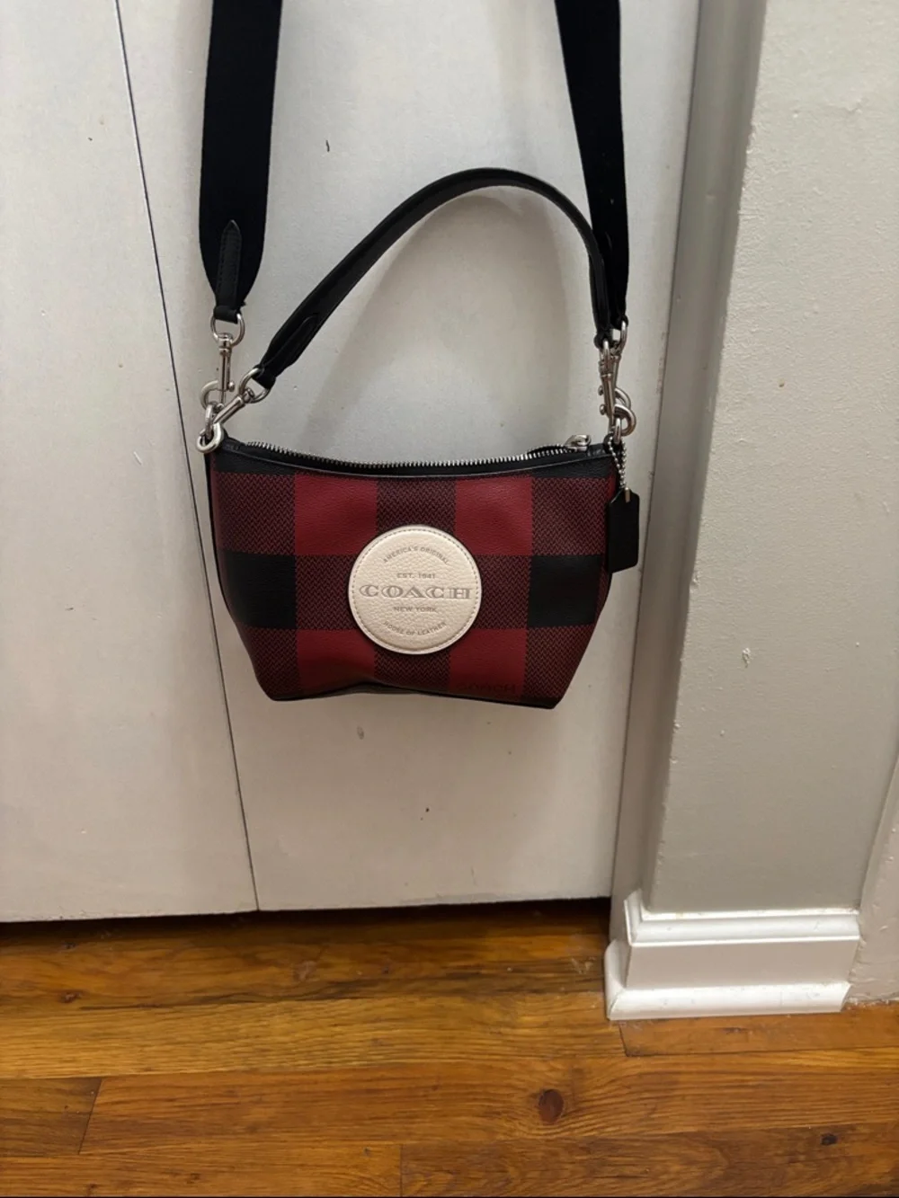 Coach Red & Black Buffalo Check Crossbody with Leather Trim and matching wallet - Picture 1 of 8
